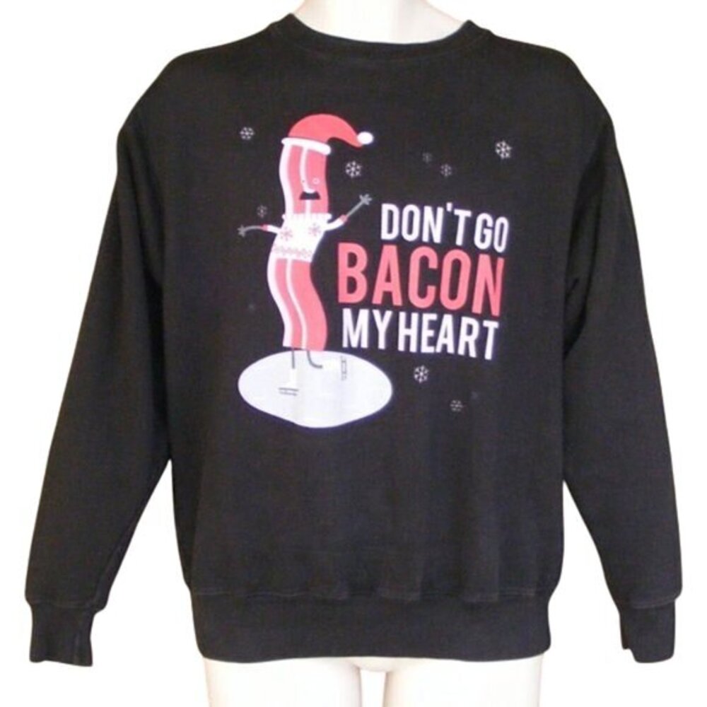 DON'T GO BACON MY HEART Sweatshirt, M, Black, Long sleeves, Skating/Santa hat